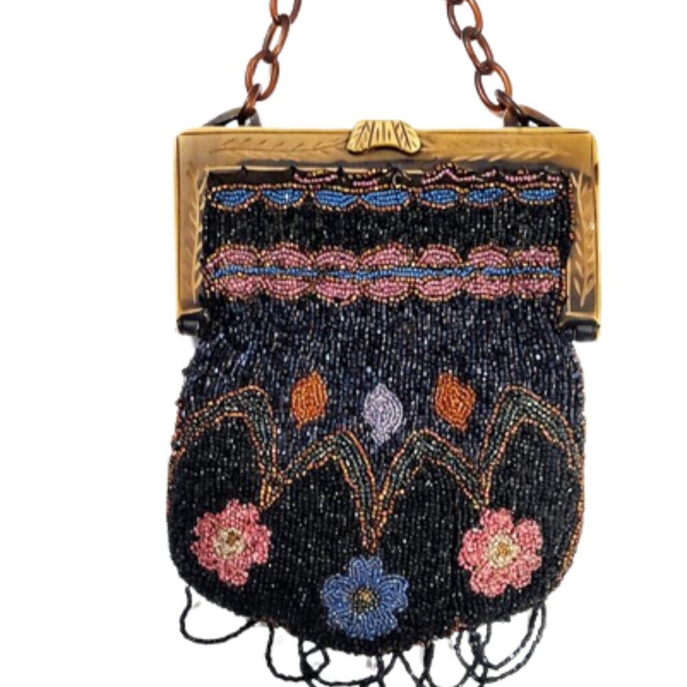 Antique Edwardian 1900s Beaded Handbag With A Carved Celluloid Frame And Handle